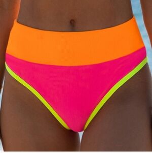 POPVIL Sz L High Waisted Bikini Bottom Neon Color Block Pink Yellow Orange NWT